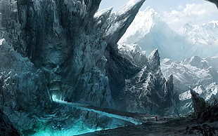 white mountain with embossed face wallpaper, fantasy art, mountains, winter, cave