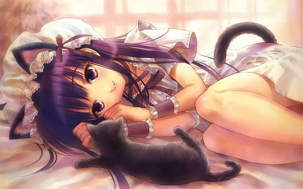female anime character with maid costume lying beside black cat HD wallpaper