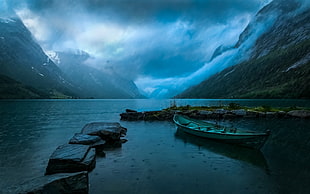 gray canoe, nature, landscape, lake, mountains