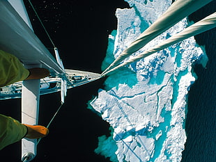 white boat, ship, sailing ship, ropes, iceberg