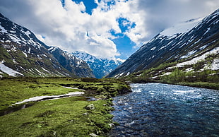 green grass field, landscape, river, mountains, Norway