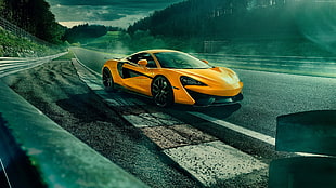 yellow sports car on the road HD wallpaper