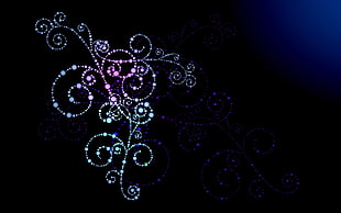 white and blue floral art with black background