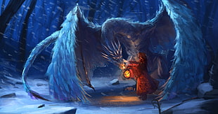 anime character digital wallpaper, artwork, fantasy art, dragon, snow