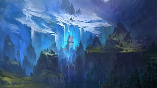 white castle near forest painting, fantasy art, landscape, castle, blue