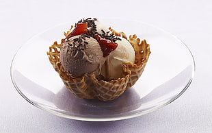 ice cream and cone bowl on clear glass bowl