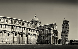 gray-scale photo of Leaning Tower of Pisa