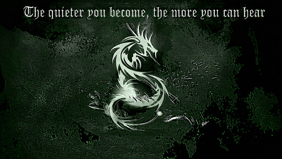white and gray dragon logo, dragon, quote HD wallpaper