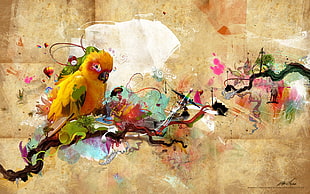 Sun parakeet perched on tree painting HD wallpaper