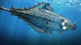 gray submarine, digital art, fantasy art, underwater, submarine
