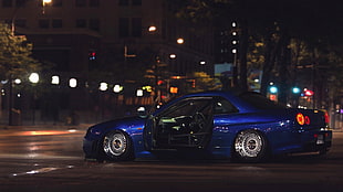 blue coupe, car, Nissan Skyline GT-R R34, tuning, street HD wallpaper