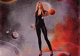 woman in black overall pants in outer space illustration