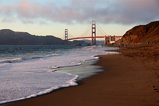 in distant photo of Golden Gate Bridge