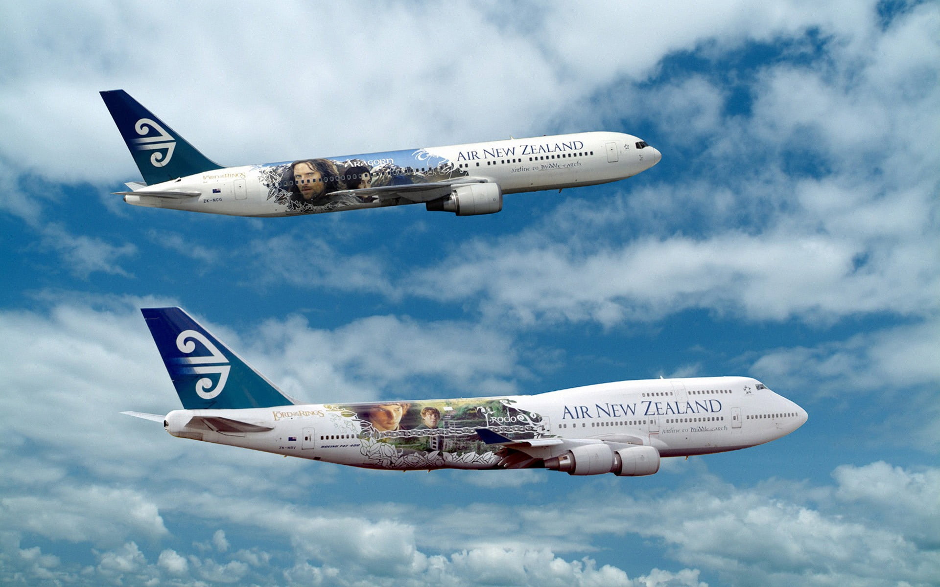 two white airliners, airplane, Royal New Zealand Air Force, clouds