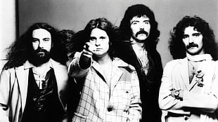 grayscale photo of a band, men, musician, Black Sabbath, Ozzy Osbourne