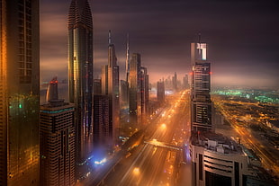 city building structures, city, road, mist, Dubai HD wallpaper
