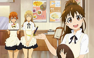 three female anime jolly waitress characters HD wallpaper