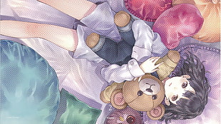girl with black hair holding bear plush toy while lying anime character illustration