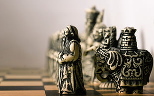 beige-and-black chess pieces, photography, macro, chess, figurines