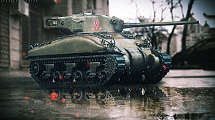 black and green war tank, tank, M4 Sherman, city, digital art