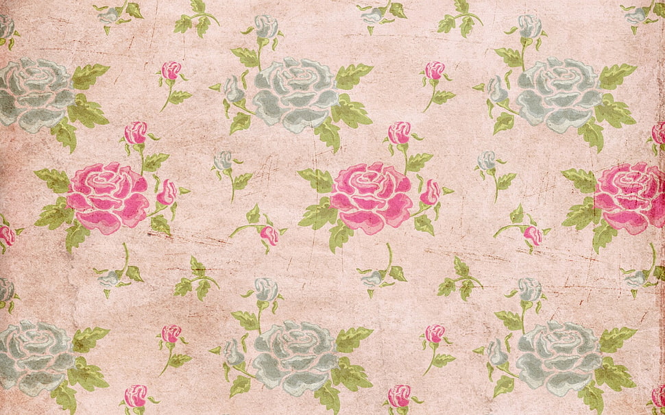 blue, green, and pink floral textile HD wallpaper