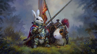painting of rabbit and guinea with solder suits