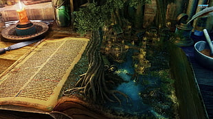 opened book with trees and houses painting, digital art, fantasy art, books, candles