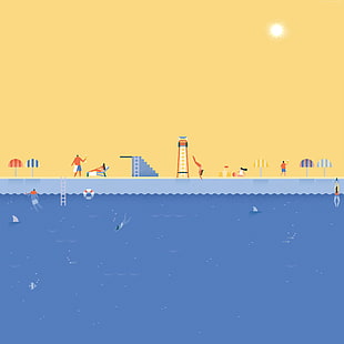 illustration of body of water with umbrellas and people on shore