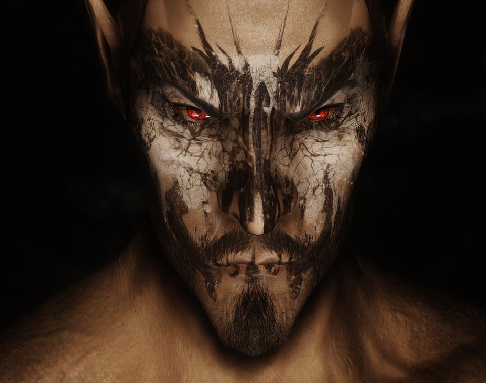 man's face, The Elder Scrolls V: Skyrim, elves, face paint, red eyes HD wallpaper