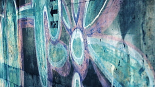 purple and white abstract painting, graffiti, green, wall