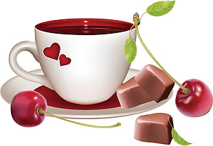 white ceramic teacup with white ceramic plate, cherry and chocolates