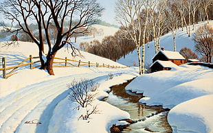 house near river with snow painting, winter, snow, artwork