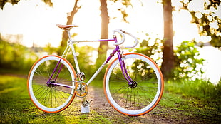 selective focus photography of white and purple road bike on pathway during daytime