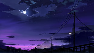nighttime with moon and electric post illustration, night, digital art