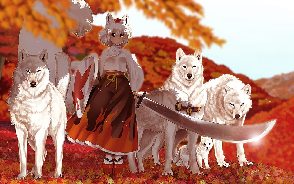 girl with silver sword and white wolves poster HD wallpaper