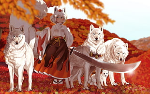 girl with silver sword and white wolves poster HD wallpaper