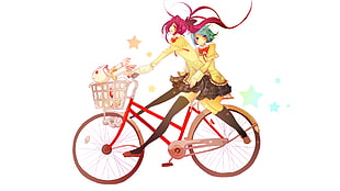two female anime character riding red commuter bike illustration