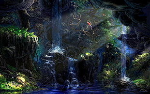 forest with waterfall digital wallpaper