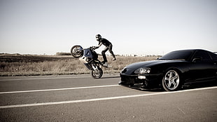 black sports coupe and blue and white sports bike, car, motorcycle, Supra
