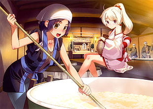 two female anime characters in kitchen poster, original characters, ponytail, Japanese clothes