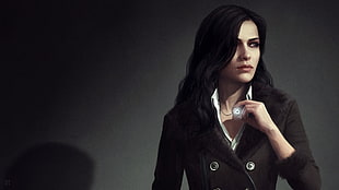 female wearing black double-breasted coat HD wallpaper