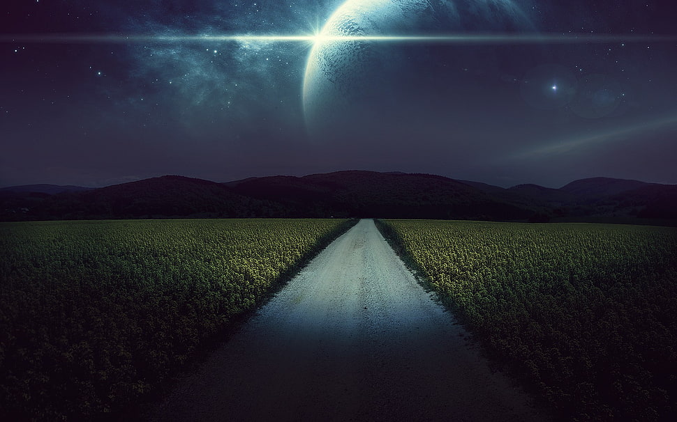 road with field and mountain digital wallpaper, landscape, night, planet, sky HD wallpaper