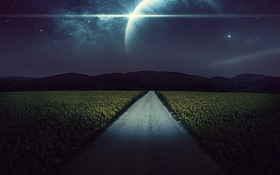 road with field and mountain digital wallpaper, landscape, night, planet, sky