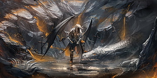 man holding sword surrounded by dragons digital wallpaper
