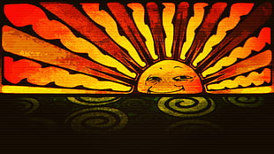 orange, red, and black sun illustration, abstract, Sun