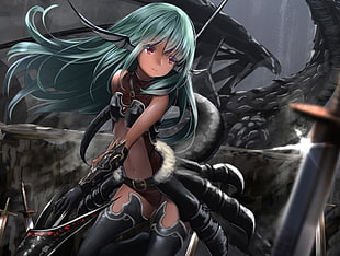 green haired female anime character wallpaper, cropped, green hair, long hair, red eyes