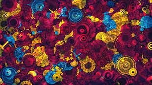 blue, red, and yellow floral textile, abstract