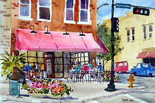 pink awning painting, artwork, painting, watercolor, flowerpot