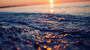 sea waves, water, sunset HD wallpaper