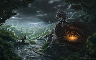 wolf and dragon illustration, fantasy art, dragon, wolf, river